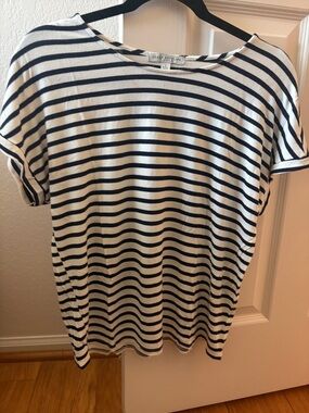 Green Envelope Navy and White Striped Boatneck Tee